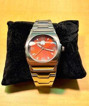 Men’s Vintage Pedre Stainless Steel Quartz Watch with Red Sunburst Dial
